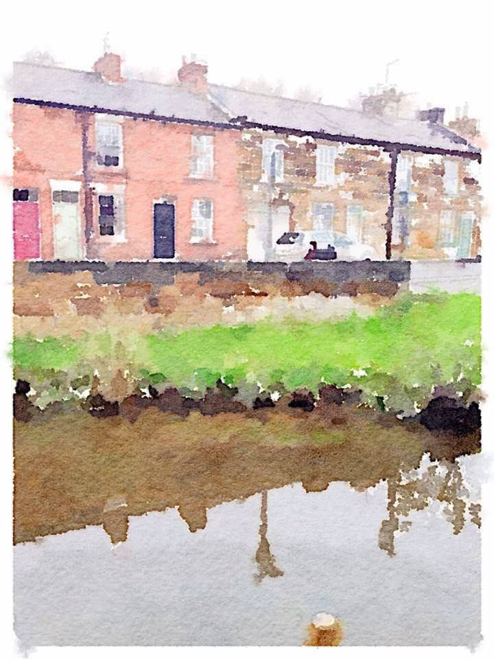 Great Ayton river and houses in watercolours