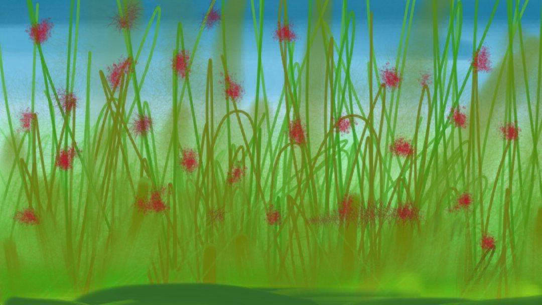Spray Red Flowers in a field, having fun, playing with new art tools.