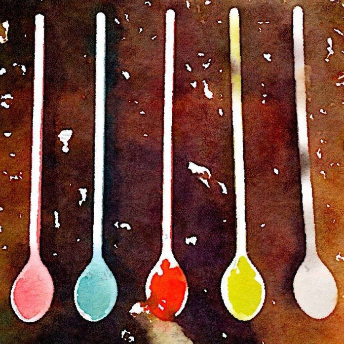 spoons in watercolours, inks and Dr Martin’s Inks